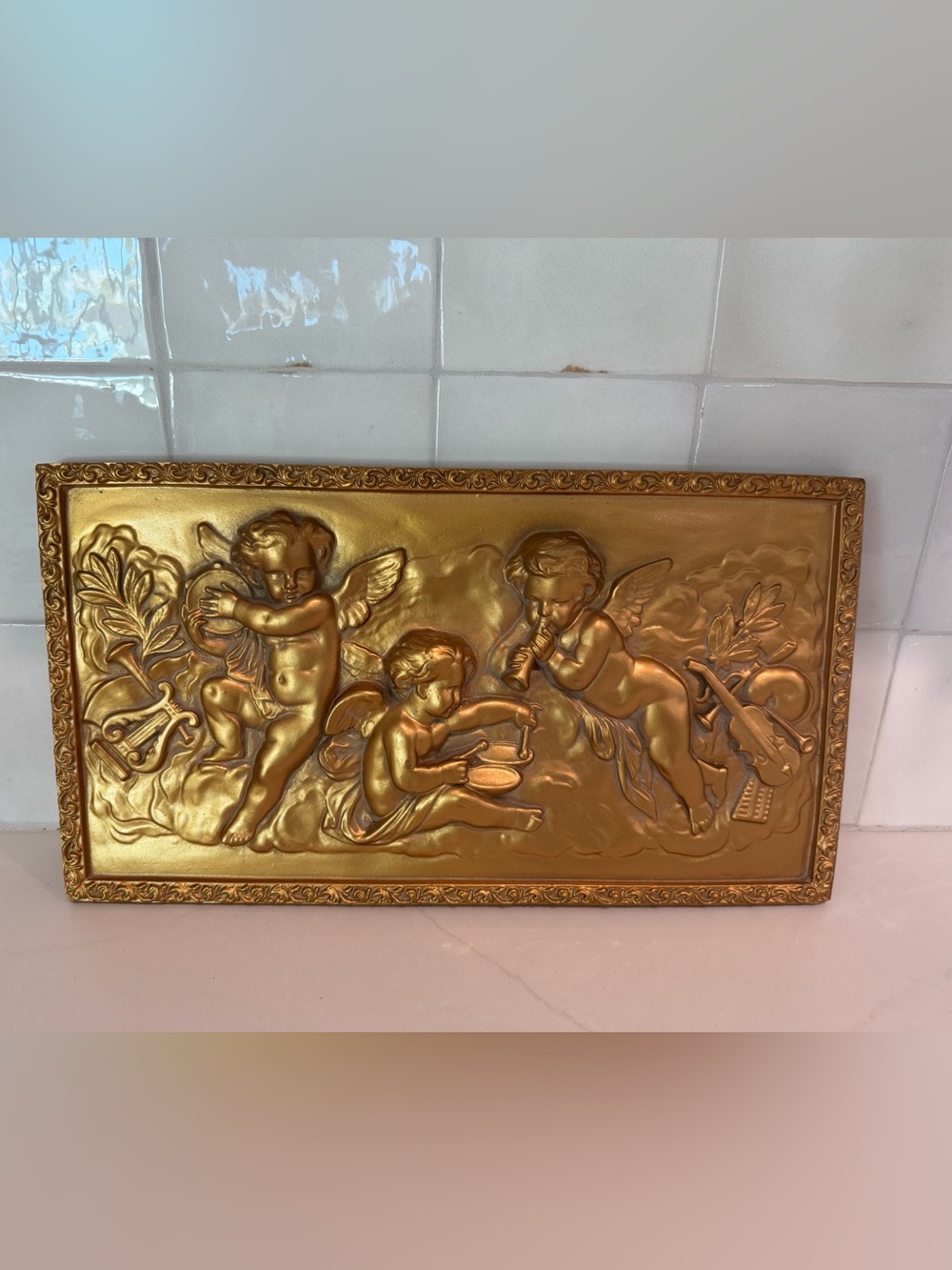 Wood Gold Cherub Wall Plaque - 16" x 9" Classical Baroque Style Angels Art